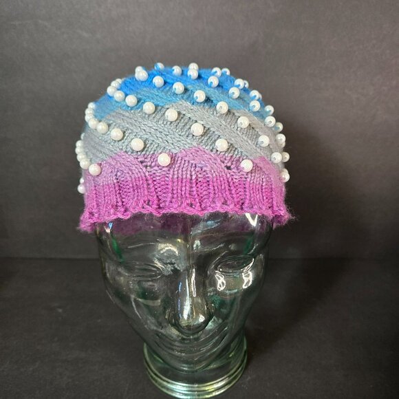 Handmade Knit Hat Faux Pearl Pink & Blue Swirl Design Warm Winter Cap Wool Blend - Picture 2 of 7